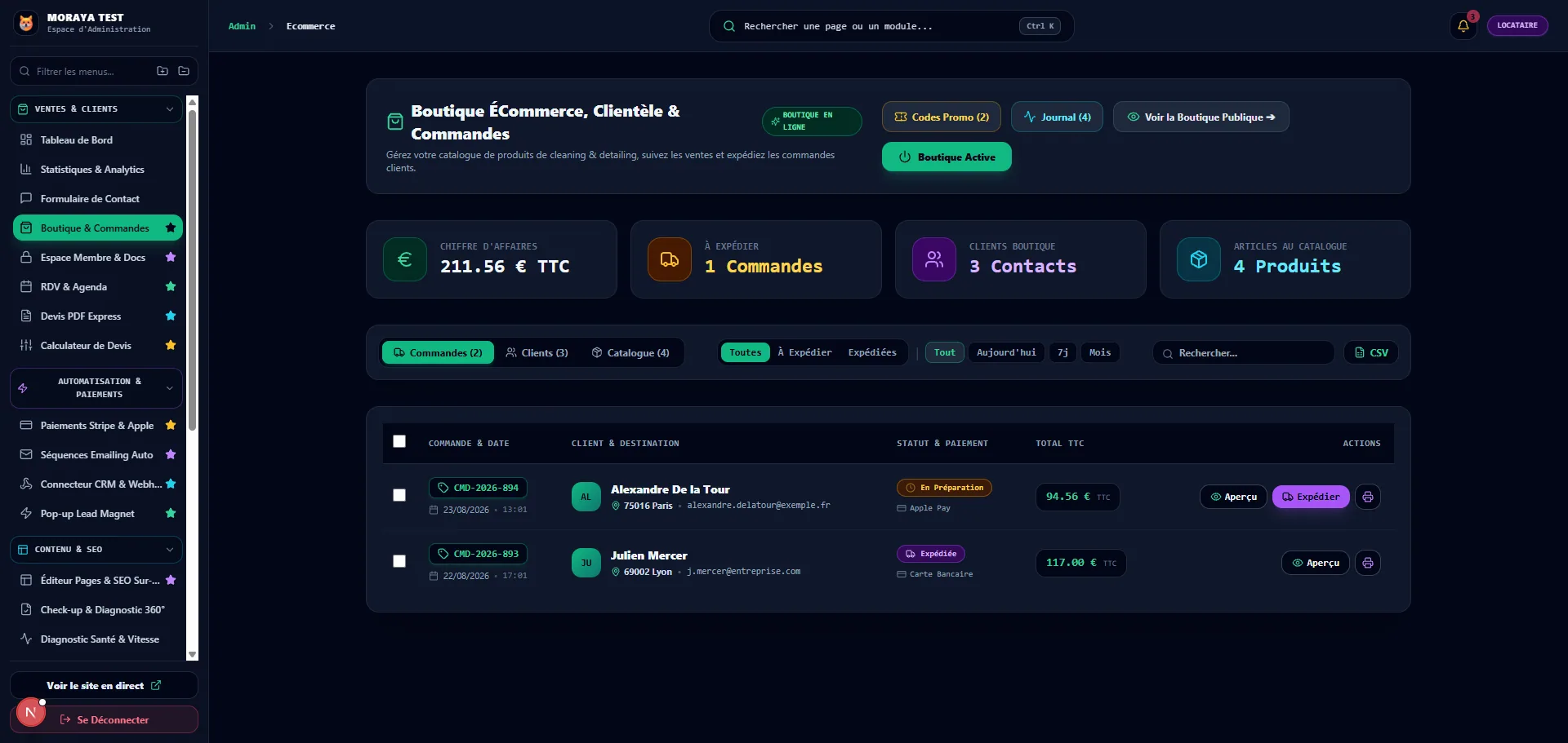 Gestion des commandes dans le CMS Moraya