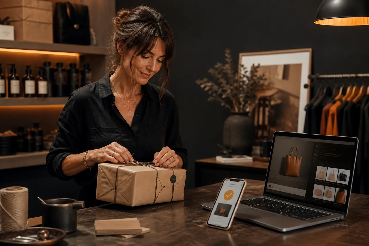 Commerçante préparant une commande reçue depuis sa boutique en ligne