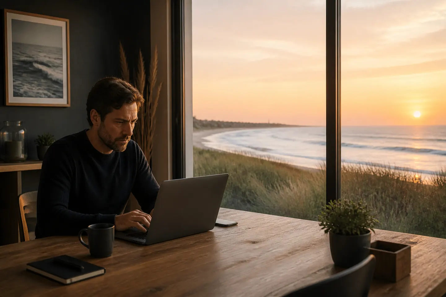 Professionnel travaillant sur son projet web depuis la côte vendéenne